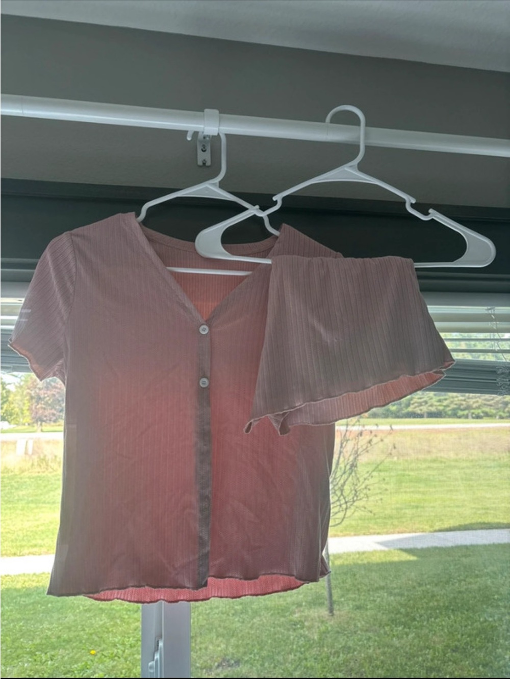 Amazon Pink Ribbed Button-Front Sleep Top and Shorts Set